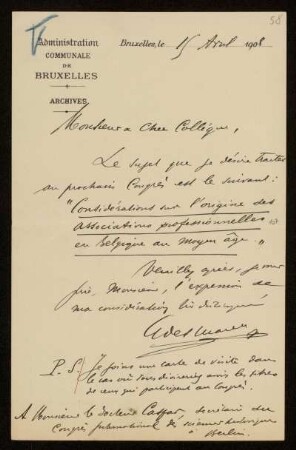 58: Brief von Guillaume Des Marez an Otto von Gierke, Brüssel, 15.4.1908