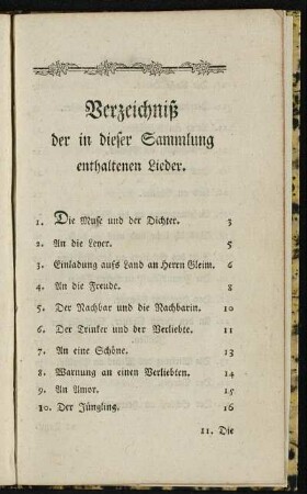 Verzeichniß der in dieser Sammlung enthaltenen Lieder.