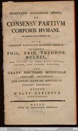 Dissertatio Inavgvralis Medica, De Consensv Partivm Corporis Hvmani