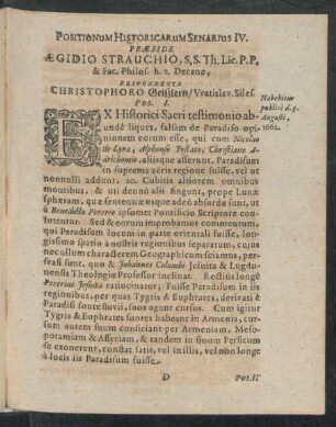 Positionum Historicarum Senarius IV. Praeside Aegidio Strauchio, ... Respondente Christophoro Geißlern ...