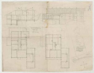 Thiersch, Friedrich von; Tegernsee; Haus Lindemann, Erweiterung - Lageplan, Grundrisse, Ansicht, Schnitt