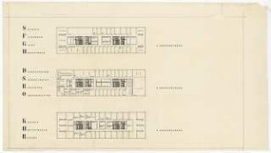 Sparkasse der Stadt Berlin West Bundesallee, Wettbewerb, Berlin-Wilmersdorf: Grundrisse 1.Obergeschoss, 2.Obergeschoss, 3.Obergeschoss 1:200