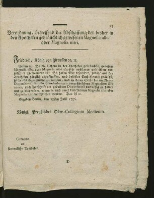 Verordnung, betreffend die Abschaffung der bisher in den Apotheken gebräuchlich gewesenen Magnesia alba oder Magnesia nitri