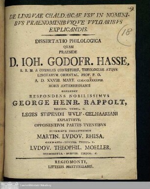 De Lingvae Chaldaicae Vsv In Nominibvs Praenominibvsqve Vvlgaribvs explicandis : Dissertatio Philologica