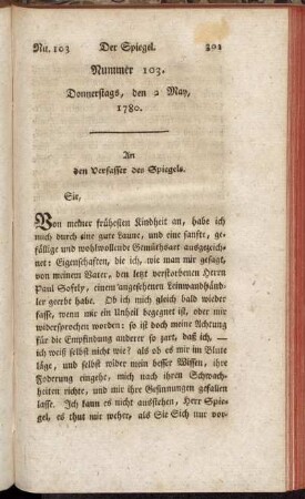Nummer 103. Donnerstags, den 2 May, 1780.