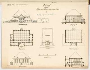 Turn- und Festhalle in einer Kleinstadt Monatskonkurrenz März 1919: Lageplan 1:1000; Grundriss Erdgeschoss, Emporengeschoss, Aufriss Straßenansicht, Turnplatzansicht, Längsschnitt, Querschnitt 1:200; Maßstabsleiste