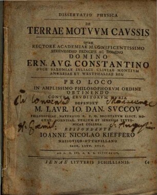 Dissertatio Physica De Terrae Motvvm Cavssis