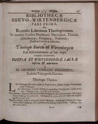 Bibliothecæ Suevo-Wirtenbergicæ Pars Prima, Sive Recensio Librorum Theologicorum ...