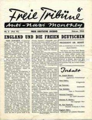 Mitteilungsblatt der Jugendorganisation der deutschen Emigranten in Großbritannien "Freie Tribüne" u.a. über das KZ Theresienstadt