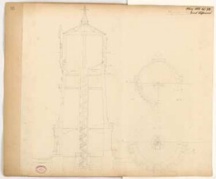 Wasserturm, Colmar Monatskonkurrenz März 1883: 4 halbe Grundrisse, Vertikalschnitt