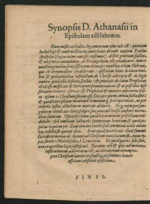 Synopsis D. Athanasii in Epistolam ad Hebraeos.