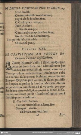 Curatio XXI. De Gravissimo Ad Pectus Et Lumbos è capite destillatione
