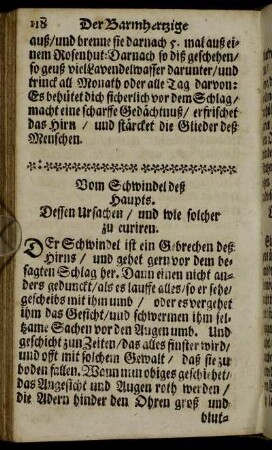Vom Schwindel deß Haupts. Dessen Ursachen/ und wie solcher zu curiren.