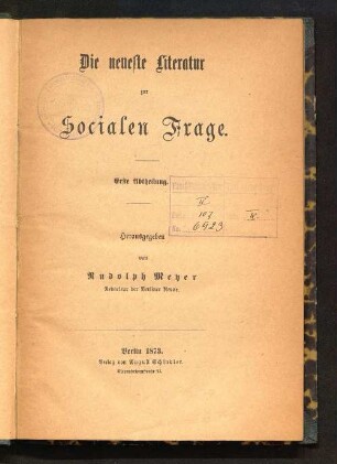 1. Abtheilung: Die neueste Literatur zur socialen Frage