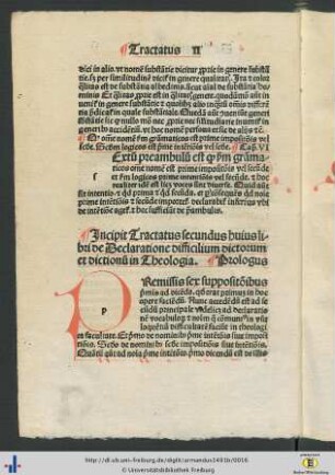 Incipit tractatus secundus de huius libri de Declaratione difficilium dictorum et dictionum in theologia.