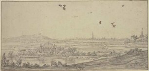 In der Ferne eine Stadt, links ein Haus im Wasser, vorne ein Schafhirte