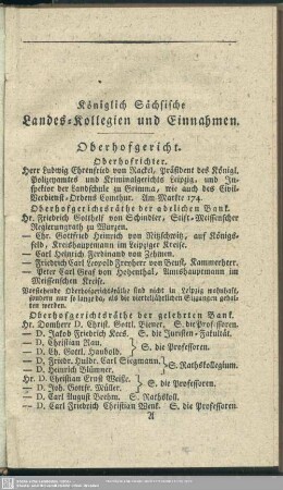 Königlich Sächsische Landes-Kollegien und Einnahmen