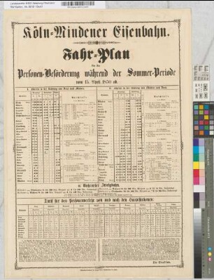 Köln-Mindener Eisenbahn. Fahrplan für die Personen- Beförderung während der Sommerperiode vom 15. April 1850 ab. Langen'sche Buchdruckerei, Köln