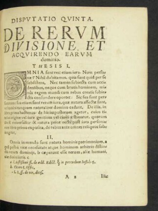 Disputatio Quinta. De Rerum Divisione Et Acquirendo Earum dominio.