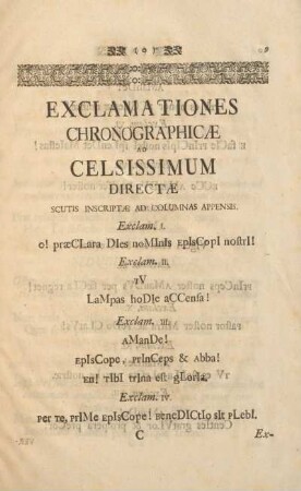 Exclamationes chronographicæ ad celsissimum directæ scutis inscriptæ ad columnas appensis.