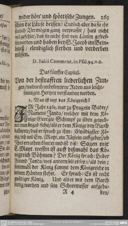 Das fünffte Capitel. Von der bestrafften liederlichen Zungen, wodurch unbesonnene Reden aus leichtsinnigen Hertzen verstanden werden
