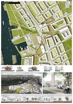 Neuland Lichtenberg Schinkelwettbewerb 2015: Lageplan 1:1000, Schnitte 1:500, Diagramme, perspektivische Ansichten