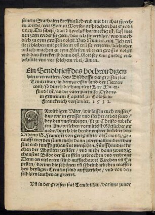 Ein Sendbrieff des hochwirdigen herrn und vatters/ des Bischoffs der grossen stat Temixtitan ... an die väter parfusser Ordens in gemeinem Capittel zu Tolosa in Franckreich vorsamlet. 1532.