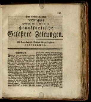 XXXItes Stück Dienstags, den 17. April, 1770. - XLtes Stück Freytags, den 18. May, 1770.
