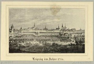 Stadtansicht von Leipzig von Südosten im Jahr 1734 mit Bastionen, rechts das Grimmaische Tor, aus der Zeitschrift Saxonia 1834/35