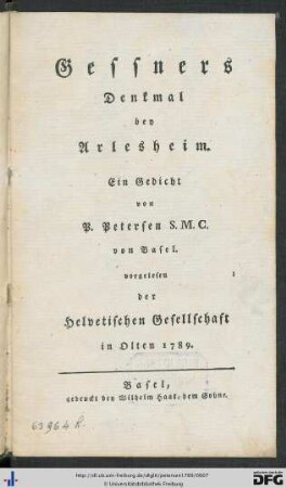 Gessners Denkmal bey Arlesheim : Ein Gedicht : vorgelesen der Helvetischen Gesellschaft in Olten 1789