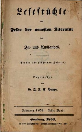 Lesefrüchte vom Felde der neuesten Literatur des In- und Auslandes. 1853,1, 1853,1