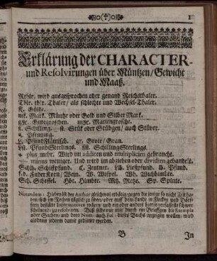 Erklärun der Charakter und Resolvirung über Müntzen, Gewicht und Maaß. Additio, Multiplicatio, Subtractio und Divisio.