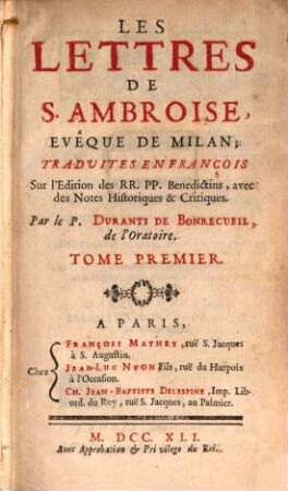 Les Lettres De S. Ambroise Evêque De Milan, 1
