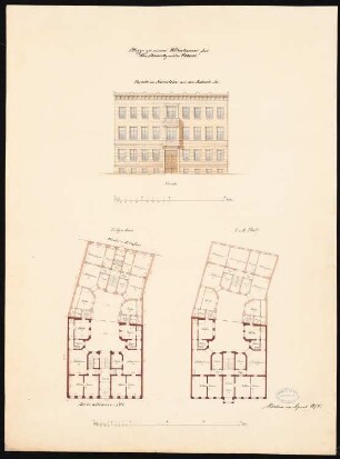 Wohnhaus Steinmetz Roessel I, Berlin-Kreuzberg: Grundriss EG und 1. und 2. OG, Ansicht von der Bellevuestraße