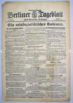 "Berliner Tageblatt" zur Regierungsbildung nach dem Sturz der Monarchie