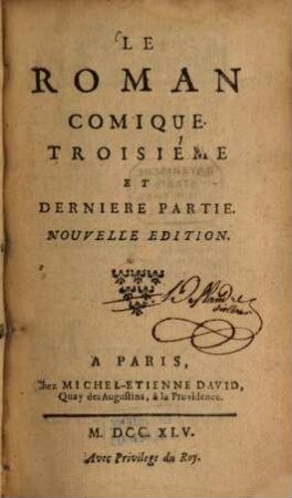 Le Roman Comique. 3. (1745). - 9 Bl., 398 S.