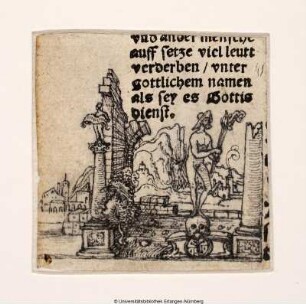 Statue eines Götzen (Moloch), eine Fackel mit beiden Händen haltend