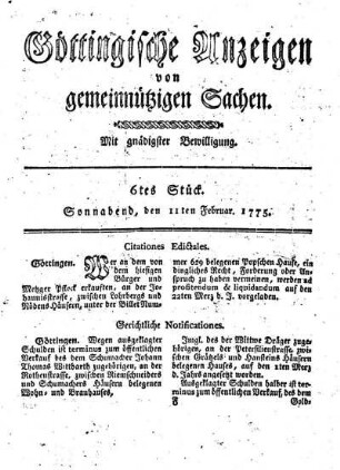 6tes Stück. Sonnabend, den 11ten Februar 1775.