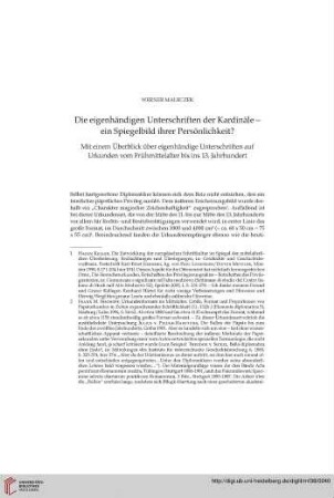 Die eigenhändigen Unterschriften der Kardinäle – ein Spiegelbild ihrer Persönlichkeit? Mit einem Überblick über eigenhändige Unterschriften auf Urkunden vom Frühmittelalter bis ins 13. Jahrhundert