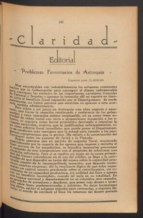 Problemas ferroviarios de Antioquia : Editorial