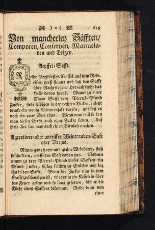 Von mancherley Säfften, Compoten, Conserven, Marmeladen und Teigen.