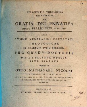 Exercitatio Theologica Inavgvralis De Gratia Dei Privativa Dicto Psalm. CXXI. V. IV. fin.