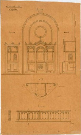 Voit, August von; Weißenhorn; Pfarrkirche - Beichtstühle (Grundriss, Ansichten, Querschnitt); Kommunionbank (Ansicht, Schnitt)