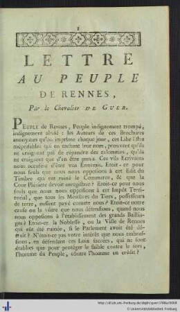 Lettre Au Peuple De Rennes, Par le Chevalier De Guer.