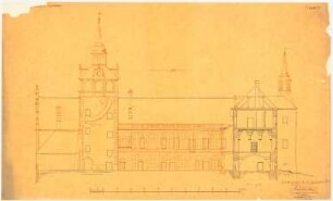 Schloss Tworkau Umbau: Aufriss der Hoffassade des Westflügels mit Schnitt duch den Mittelflügel mit Kennzeichnung der Um- und Ausbauten, Maßstabsleiste