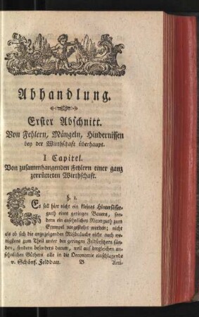 Abhandlung. Erster Abschnitt. Von Fehlern, Mängeln, Hindernissen bey der Wirthschaft überhaupt