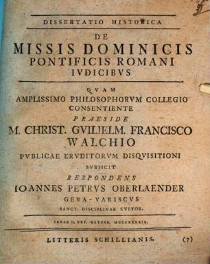 Dissertatio Historica De Missis Dominicis Pontificis Romani Ivdicibvs