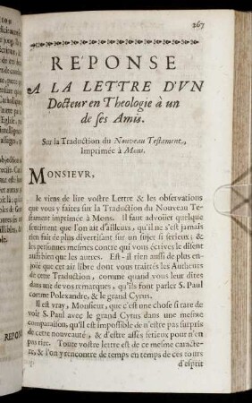 Re´ ponse A La Lettre D´un Docteur en Theologie á un de ses Amis