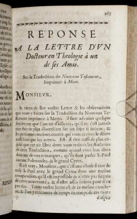 Re´ ponse A La Lettre D´un Docteur en Theologie á un de ses Amis