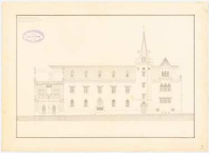 Schloss Reinhardsbrunn, Friedrichroda: Schnitt der Einfahrt und des Saals mit Ansicht Hirschgalerie